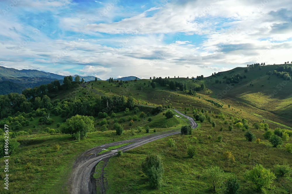 Altai mountains panorama view from drone, hill nature view of russia landscape Altai mountains panorama view from drone, hill nature view of russia landscape