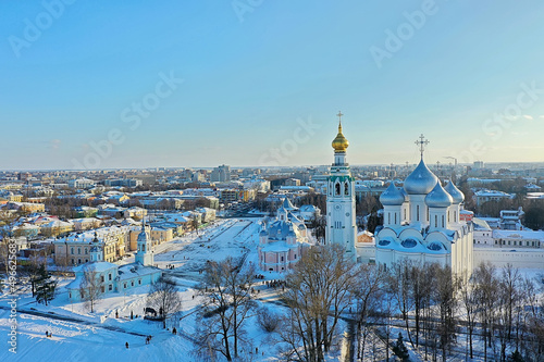 Vologda cathedral winter landscape aerial view from drone