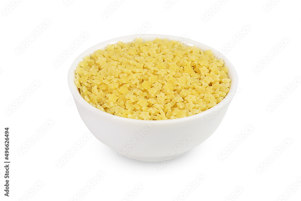 Pasta on an isolated white background. Little pasta. Pasta in a white bowl. Pasta on an isolated white background. Little pasta. Pasta in a white bowl.