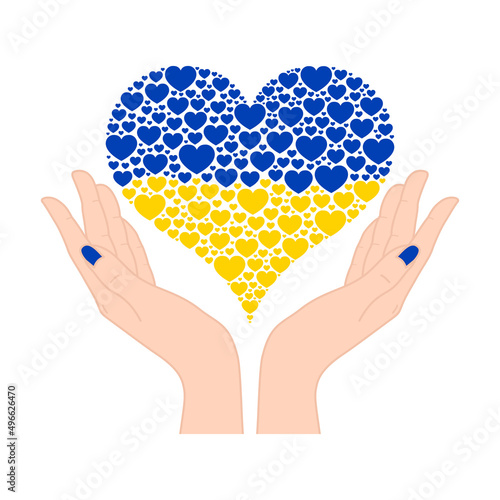 Care hands with Ukraine flag in heart shape concept vector illustration. Together with Ukraine.