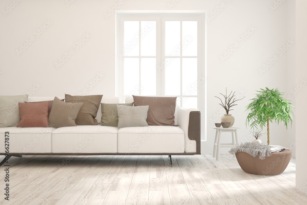White living room with sofa. Scandinavian interior design. 3D illustration