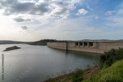 view of the large Alange reservoir lake and dam in Extremadura