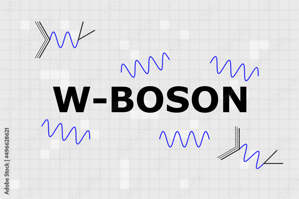 Name of gauge boson w-boson in the center with blue sine waves and feynman diagram of neutron to proton change. Name of gauge boson w-boson in the center with blue sine waves and feynman diagram of neutron to proton change.