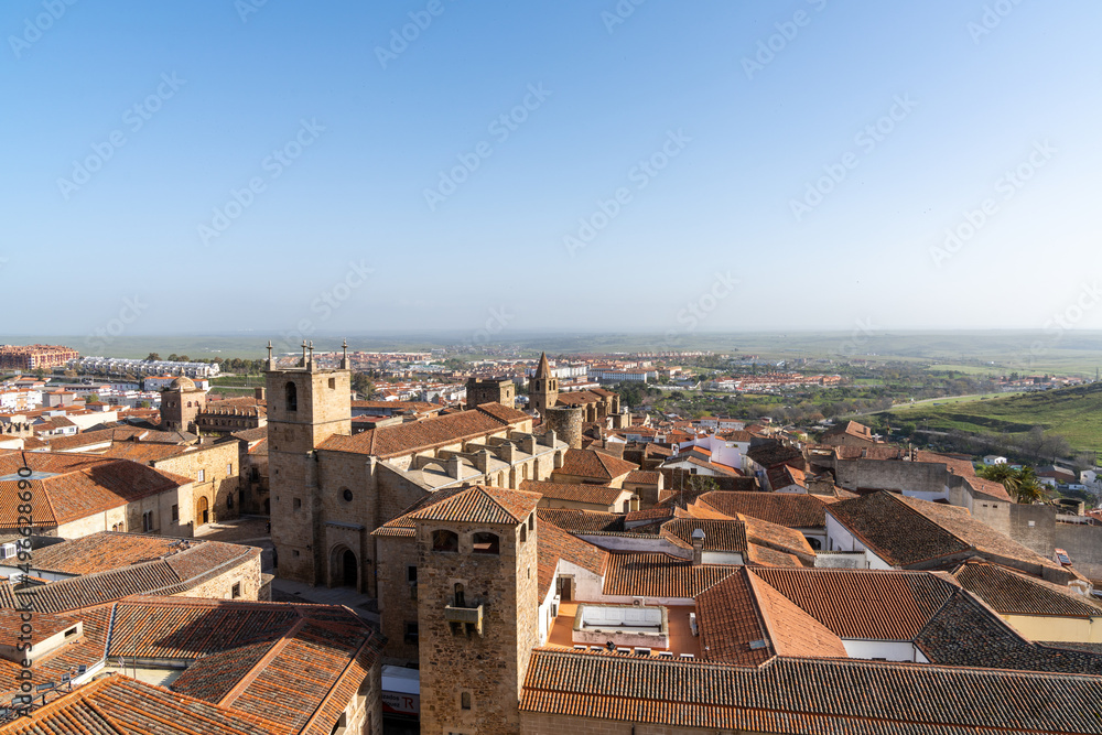 high angle view of the Old Town of Caceres with its historic buildings and churches