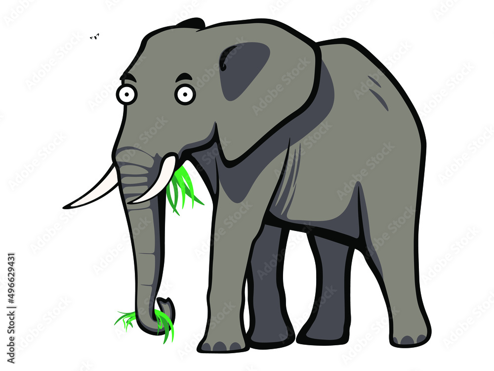 Cute cartoon elephant chewing fresh grass