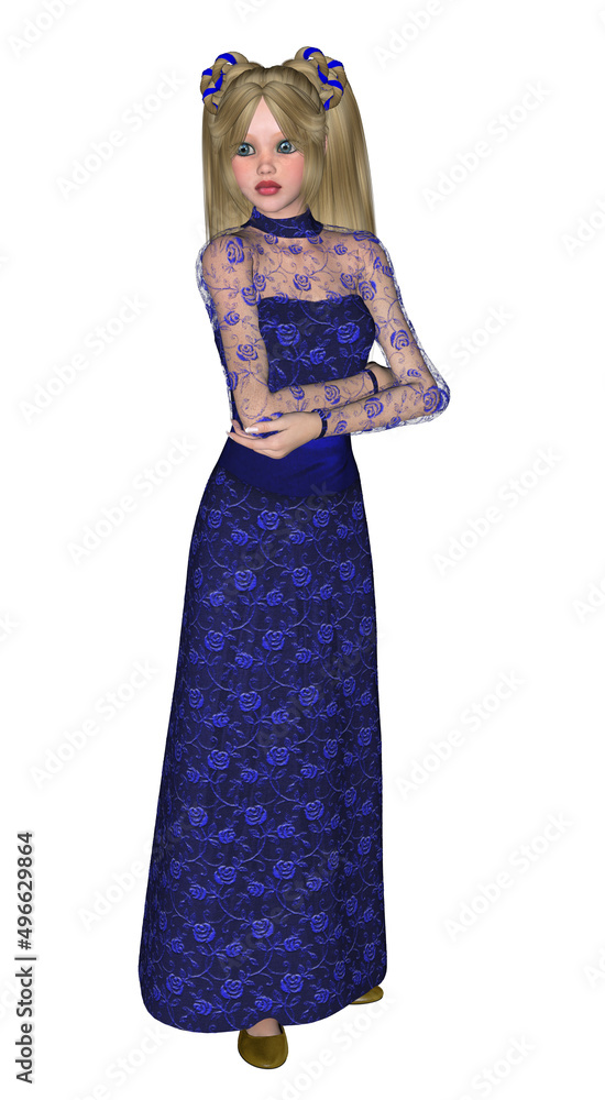 Illustration of a teenager dressed for an evening out in a blue lace evening dress