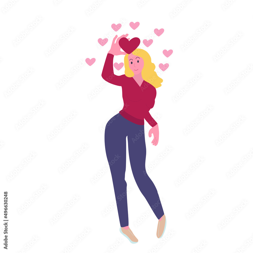 Girl give review rating and feedback. Women holding in hands heart rating Icons. Customer choice. Hand drawn colored vector flat illustration