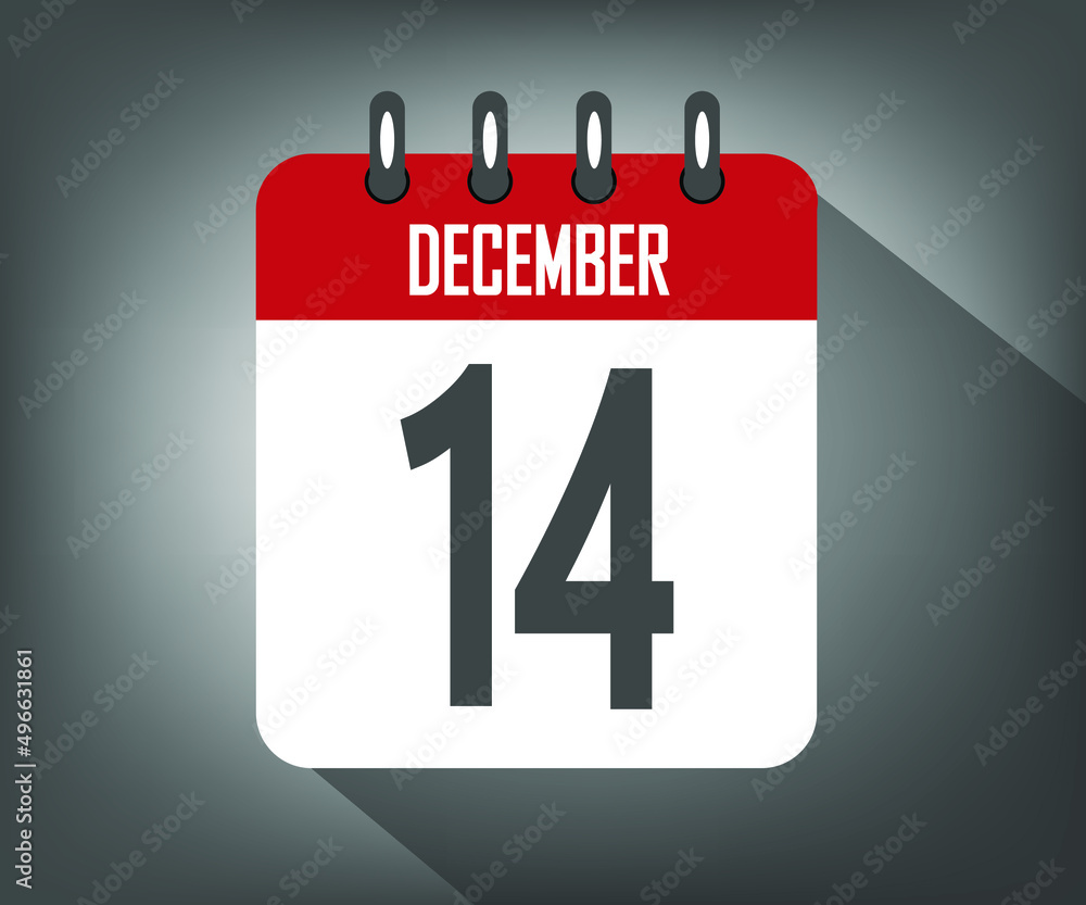 Icon day 14 december, red calendar template with gray background Icon day 14 december, red calendar template with gray background