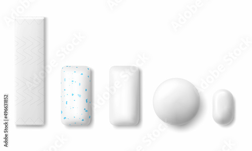 Set of realistic chewing gum of various shape in white color mint dragee. isolated on white background. 3D vector illustration