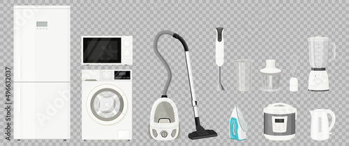 A set of household appliances: microwave oven, washing machine, refrigerator, vacuum cleaner, multi cooker, food processor, blender, iron. Realistic 3D vector, isolated illustration