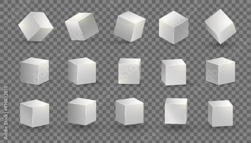 Silver cube. Grey box metallic shape. Vector square block set. 3D cubic objects