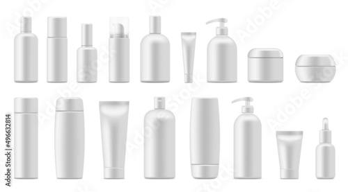 Cosmetic bottles. Plastic container for cream shamoo lotion. Vector beauty care realistic tubes