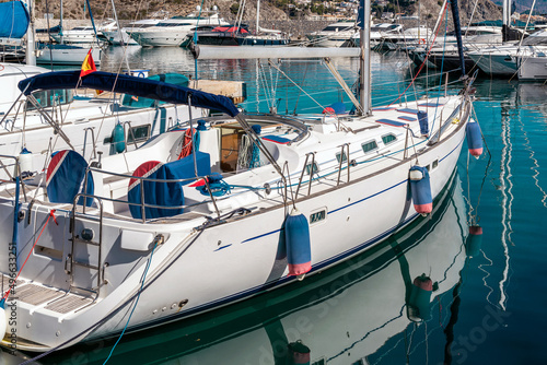 Bay area situated in la provincial de Granada. Beautiful harbour with luxury yachts docked in a small bay. All the dock area surrounded by restaurants