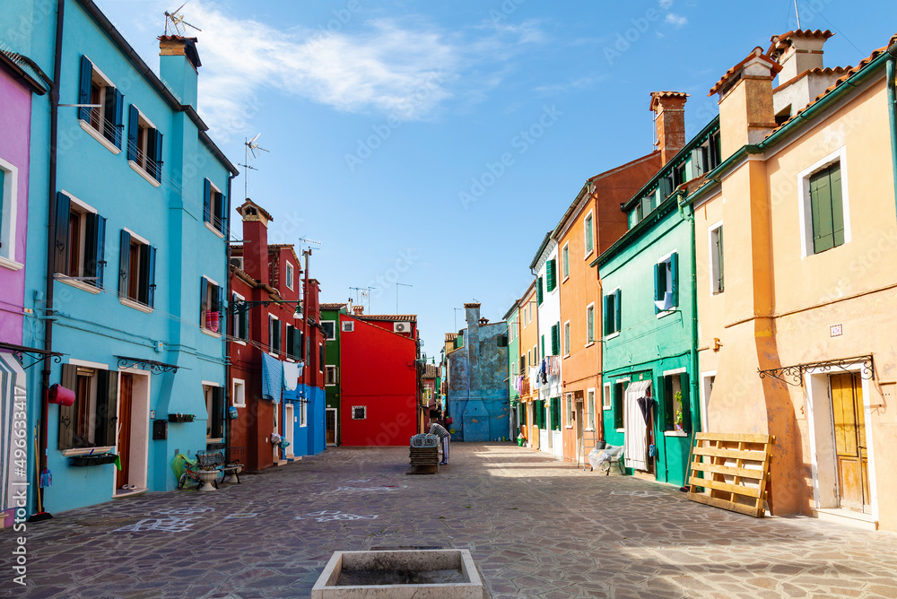 The island quarter of Venice with bright colorful houses. Burano Island, Italy