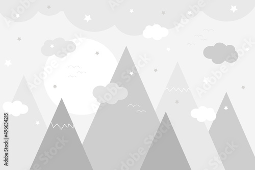 Mountains, stars and moon are drawn doodles in scandinavian style. Children's wallpaper. Mountainscape hand draw, children's room design, wall decor. Vector illustration