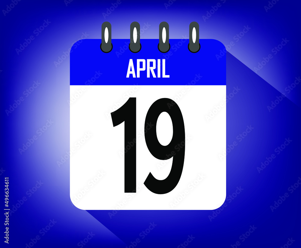 Icon day 19 april, azul calendar template. vector illustration