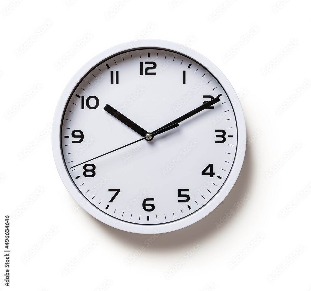 Wall clock isolated on a white background. Round white clock with black hands cutout. Ten minutes past ten. Time control, time measuring, hour and minutes concepts. Wall clock isolated on a white background. Round white clock with black hands cutout. Ten minutes past ten. Time control, time measuring, hour and minutes concepts.
