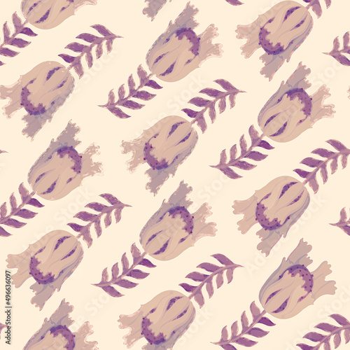 Floral ornament with purple leaves and beige flowers on a light background. Seamless pattern for postcard, packaging, wrapping, scrapbooking, wallpaper, design, decoration.