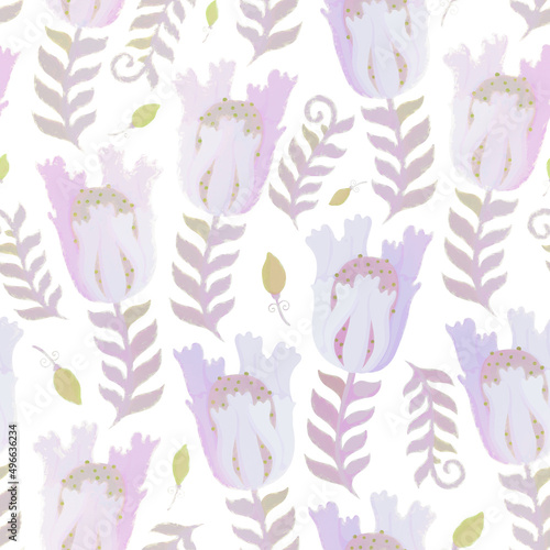 Floral ornament with green leaves  blue and pink flowers on a white background. Seamless pattern for postcard  packaging  wrapping  scrapbooking  wallpaper  design  decoration.