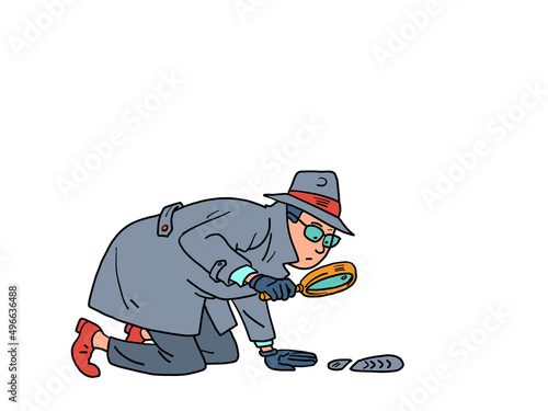A detective with a magnifying glass examines the tracks. a private detective, a man in a coat, hat and glasses