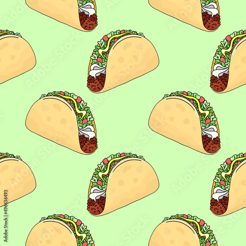 Taco, traditional mexican food, vector seamless pattern, hand-drawn