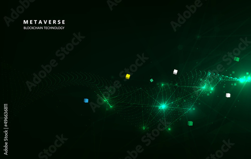 Metaverse, virtual reality, augmented reality and blockchain technology, user interface 3D experience. Word metaverse with world map globe in futuristic environment background.