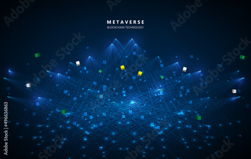 Metaverse, virtual reality, augmented reality and blockchain technology, user interface 3D experience. Word metaverse with world map globe in futuristic environment background.
