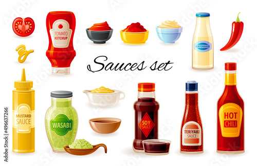 Sauces icon set. Soy, Wasabi, Mustard, Ketchup, Hot Chilli, Mayonnaise, Teriyaki. Sauces in plastic packaging, glass bottles & cup bowls. 3d realistic food vector illustration isolated on background