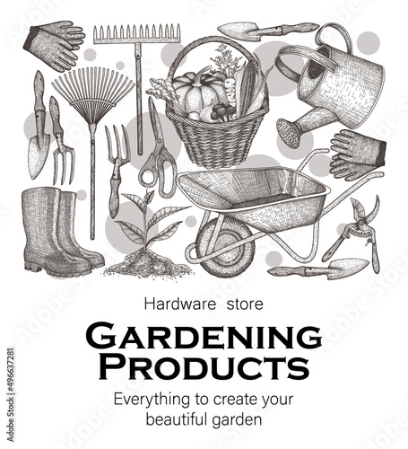Vector illustration gardening banner template in engraving style. graphic linear rake, shovel, garden wheelbarrow, wicker basket with harvest, sprout, household gloves, rubber boots