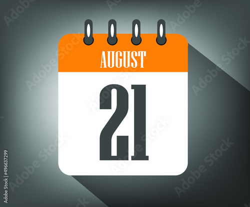 Icon day 21 august, orange calendar template with gray background