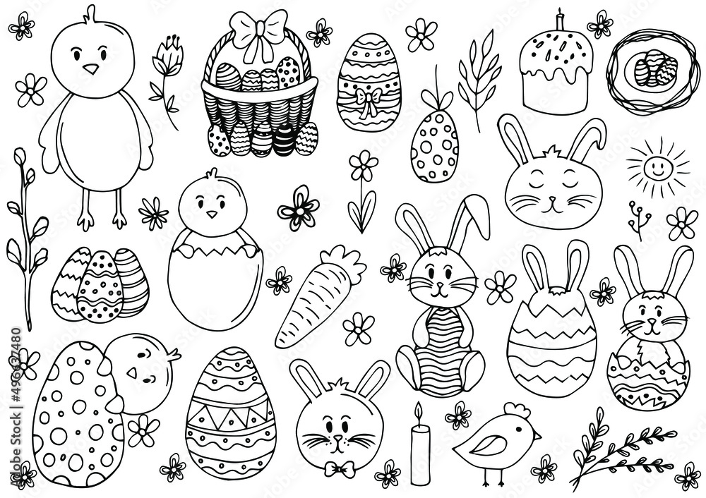 Cute Easter black and white elements collection. Ester bunny, chicks, egg, basket and tulips. Spring funny clipart for kids design. Vector illustration