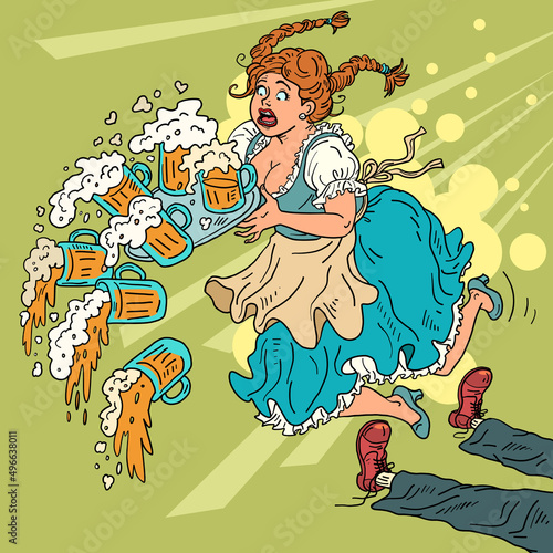 The girl tripped over a drunk customer, drops the beer. a waitress with a beer, in national clothes. Oktoberfest festival, restaurant pub tavern