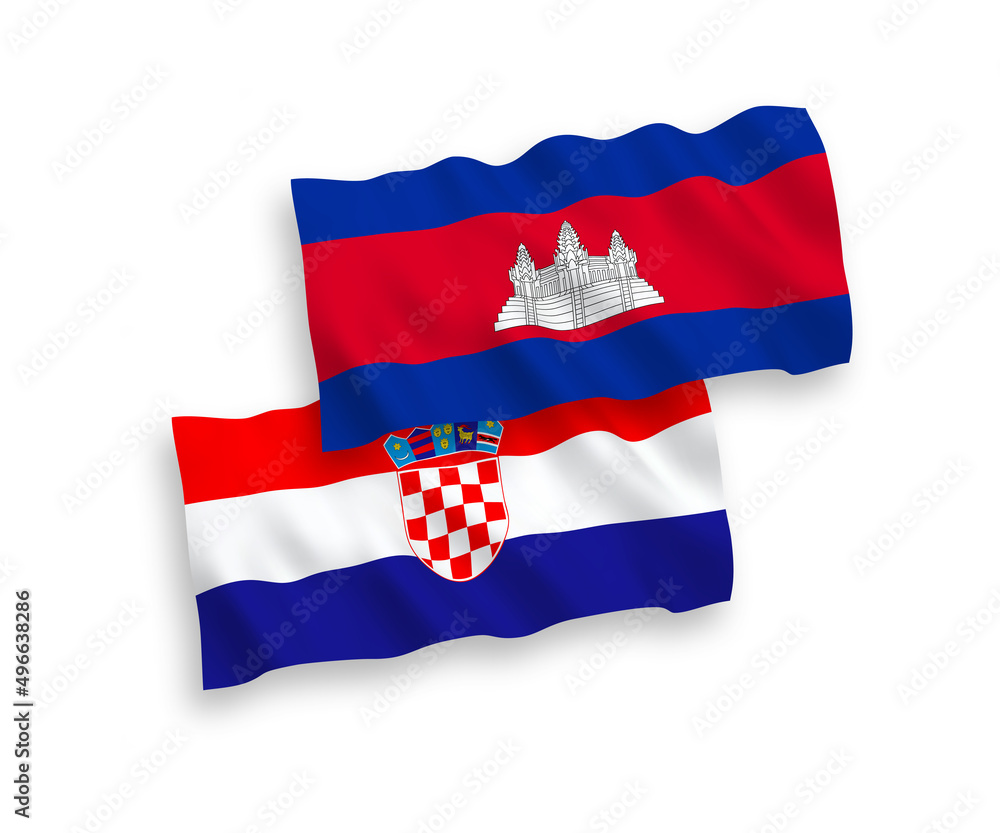 National vector fabric wave flags of Kingdom of Cambodia and Croatia isolated on white background. 1 to 2 proportion. National vector fabric wave flags of Kingdom of Cambodia and Croatia isolated on white background. 1 to 2 proportion.