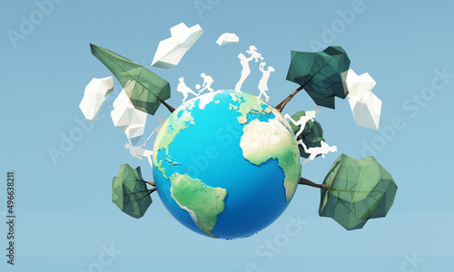 innovative Poster Or Banner Of World Environment Day with low poly tree and cloud and city park on the floor and paper people with globe earth on blue background 3d rendering illustration