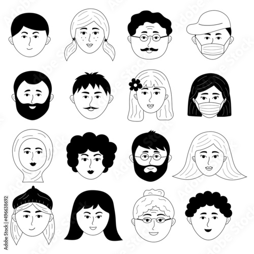 Hand drawn human faces doodle set. People avatars of different sex, nationality, age for social networks, website. Portrait with positive facial expression.