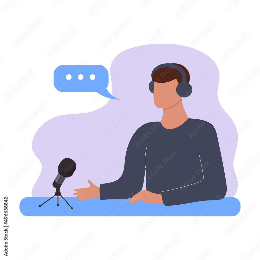 Man with headphones talking and recording online podcast with microphone. Interview, radio, podcast, online show, vlog concept.