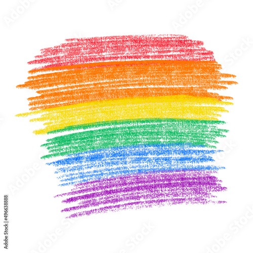 Rainbow hand drawn pencil crayon textured scribble background isolated on white background. LGBTQ gay pride flag colors lines, photo
