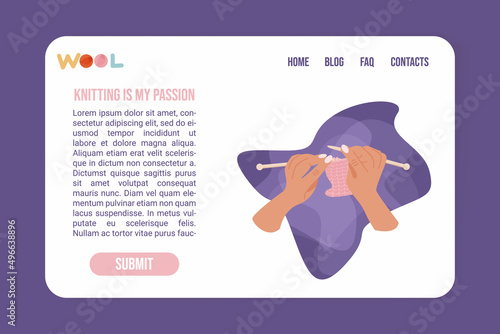 Hobby at home concept illustration. Woman knitting something. Vector illustration for web site or banner. Wool, knitting needles, clew. Woman knit handy goods.
