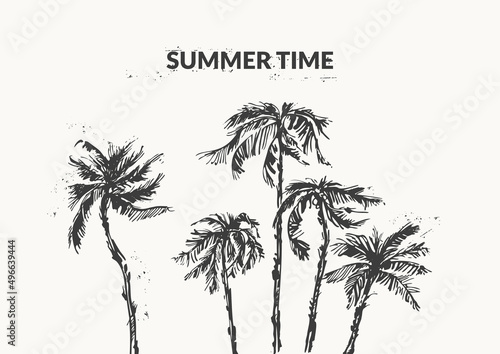 Hand drawn palm trees black ink sketch set