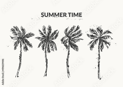 Hand drawn palm trees black ink sketch set