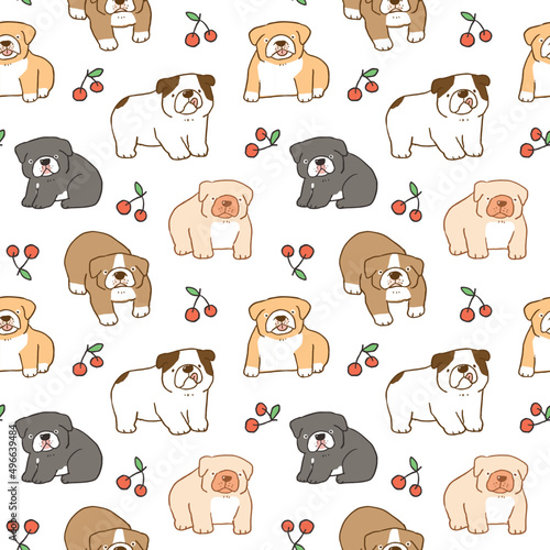 Fototapeta Naklejka Na Ścianę i Meble -  Seamless Pattern with Cartoon Bulldog and Cherry Design on White Background