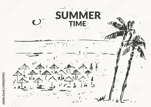 Hand drawn beach scene black ink sketch set