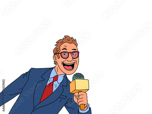 a joyful man is a correspondent with a microphone, media work, news