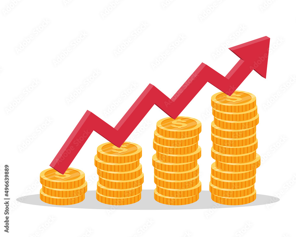 Red arrow up and gold coin stack isolated on white background. financial growth to success concept. increasing income financial graph. vector illustration design. return on investment. Red arrow up and gold coin stack isolated on white background. financial growth to success concept. increasing income financial graph. vector illustration design. return on investment.