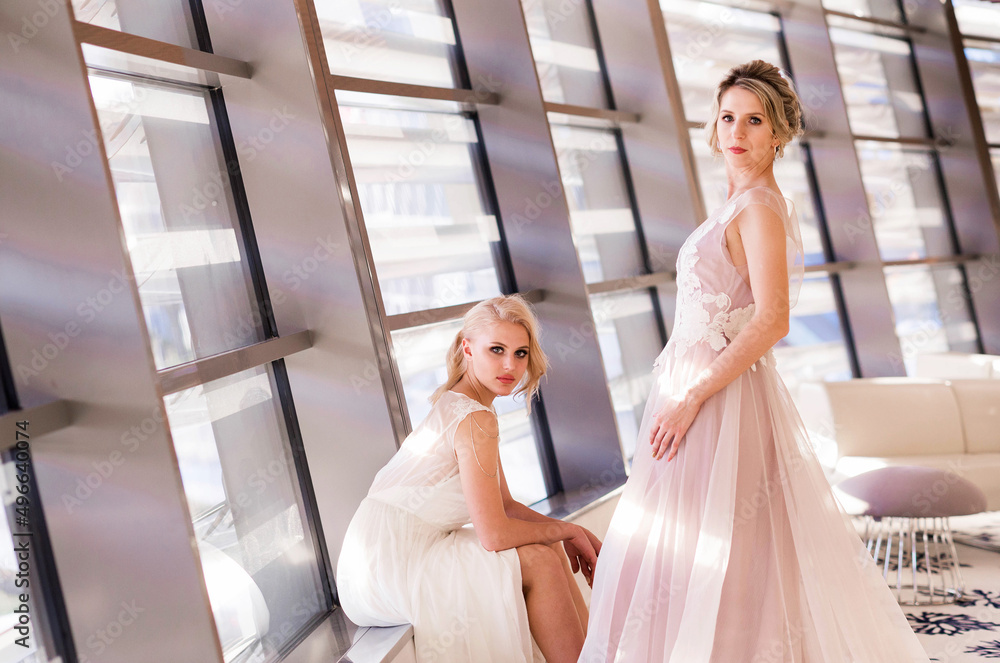 Fototapeta premium Two blonde model girls posing in wedding dresses in the interior flooded with sunlight