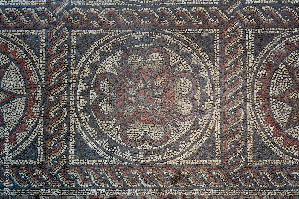 Detail of historic Roman hypocaust floor mosaic at St Albans Detail of historic Roman hypocaust floor mosaic at St Albans