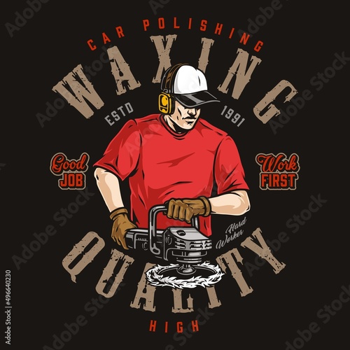 Waxing colorful label with worker