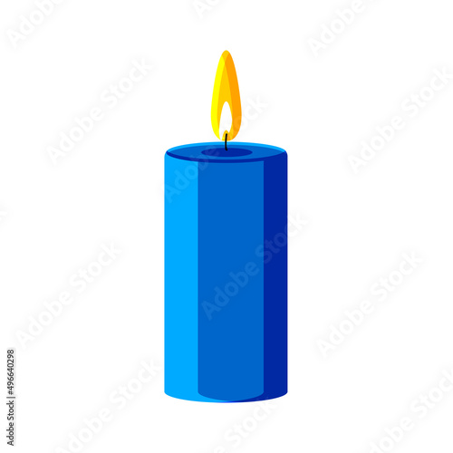 A blue wax candle burns with a yellow flame. Candle isolated on white background. 