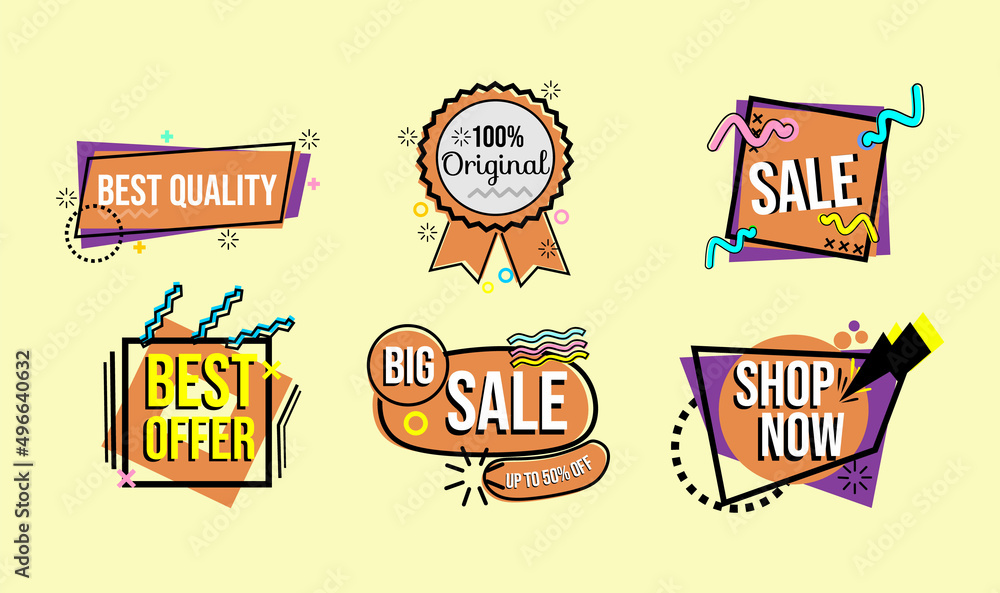 Naklejka premium set of flat design advertising badges on retro theme and brown background. used for banner template