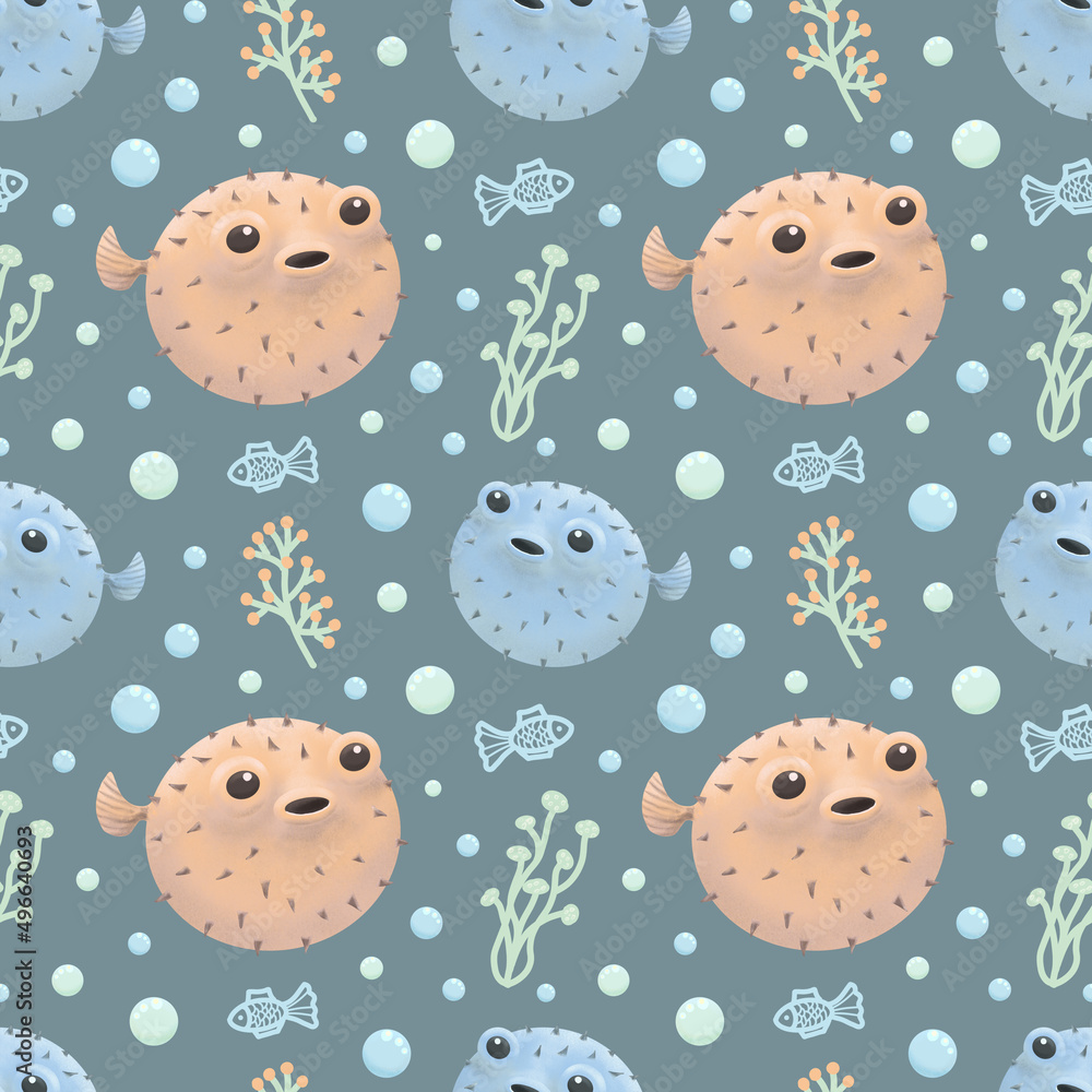 Hedgehog fish. Seamless pattern with hedgehog fish, water bubbles and coral. Design for children's prints, stationery, textiles. Hedgehog fish. Seamless pattern with hedgehog fish, water bubbles and coral. Design for children's prints, stationery, textiles.